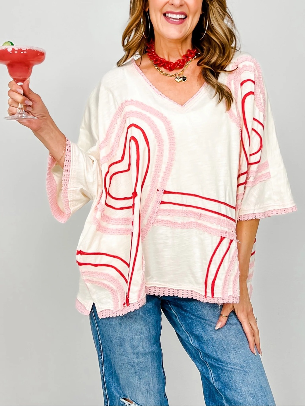 Oli & Hali Washed Connective Hearts V-Neck Top Oversized Bohemian Size XL - Picture 11 of 12